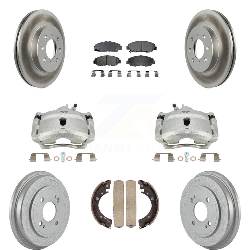 Front Rear Brake Caliper Coated Rotor Drum Ceramic Pad Kit (8Pc) For Honda Civic