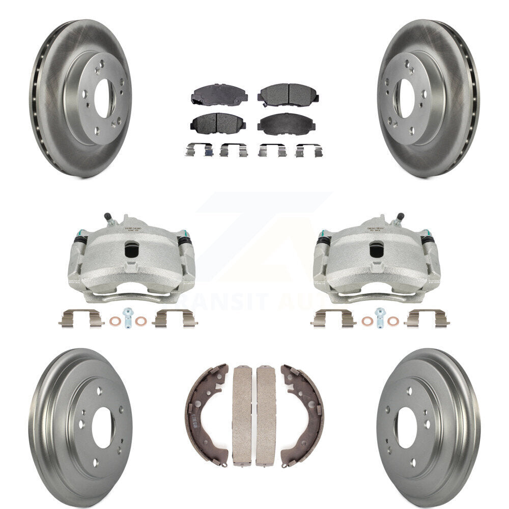 Front Rear Brake Caliper Coated Rotor Drum Ceramic Pad Kit (8Pc) For Honda Civic