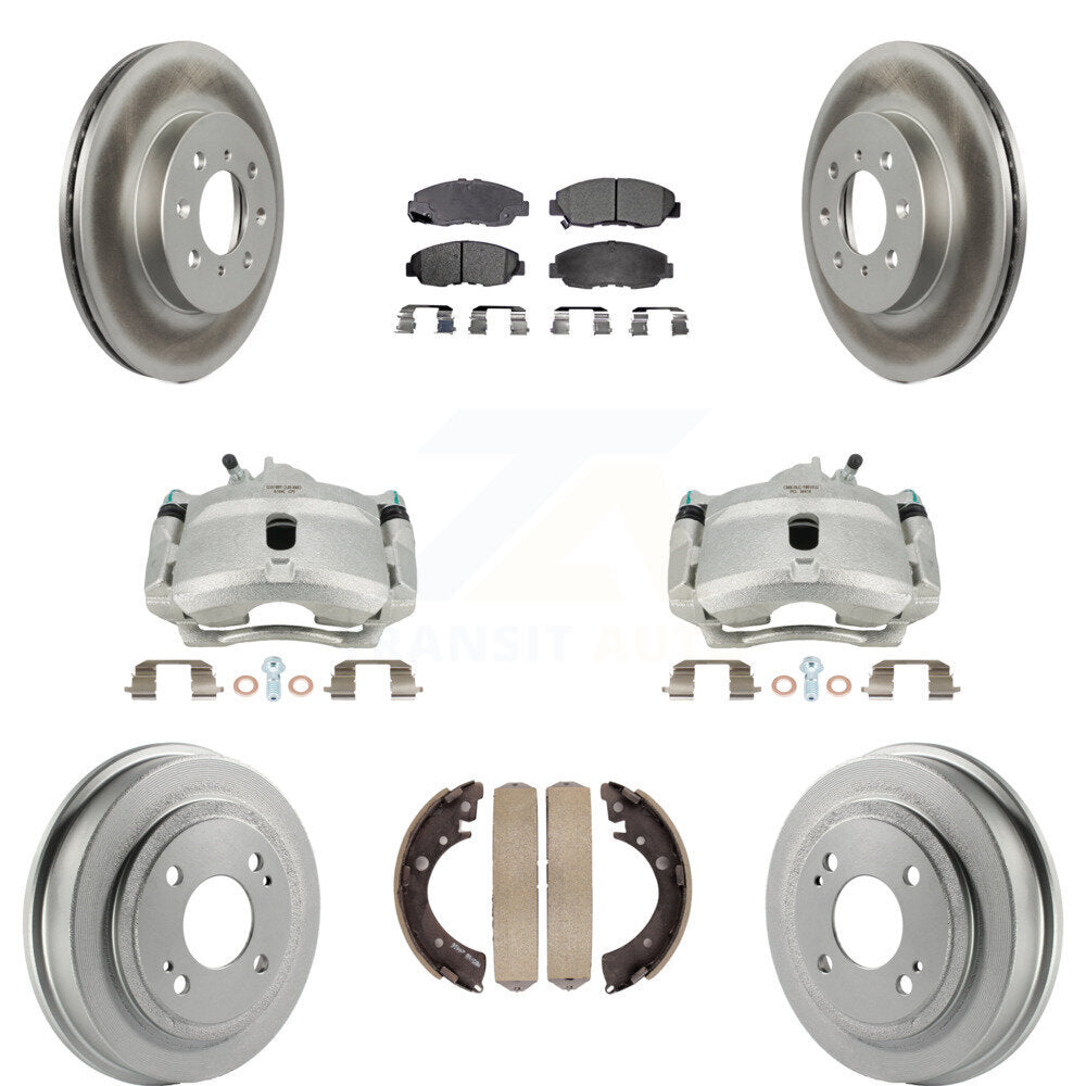 Front Rear Brake Caliper Coated Rotor Drum Ceramic Pad Kit (8Pc) For Honda Civic
