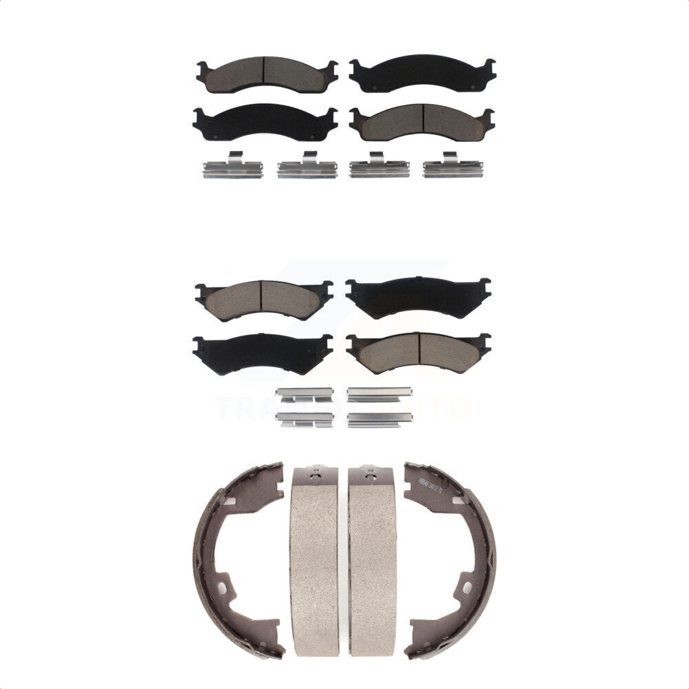 Front Rear Ceramic Brake Pads & Parking Shoe Kit For Ford E-350 Super Duty E-250