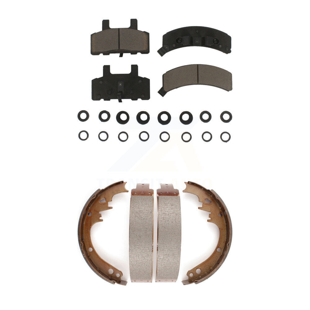 Front Rear Ceramic Brake Pads Drum Shoes Kit For Dodge Ram 1500 Cadillac DeVille