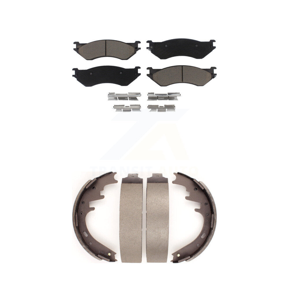 Front Rear Ceramic Brake Pads & Drum Shoes Kit For Ford F-150 Dodge Ram 1500 Van