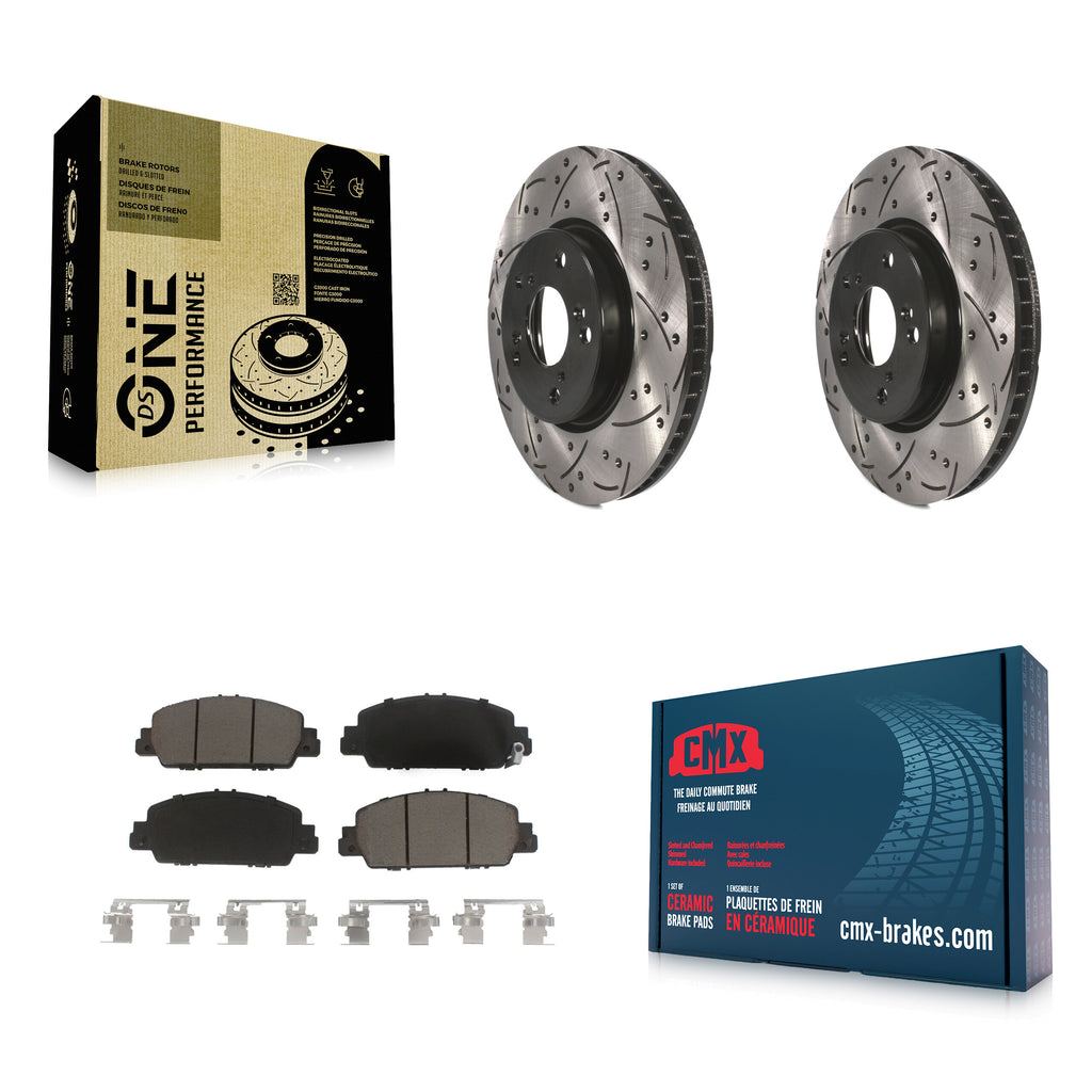 Front Coated Drilled Slotted Disc Brake Rotor & Ceramic Pad Kit For Honda Accord