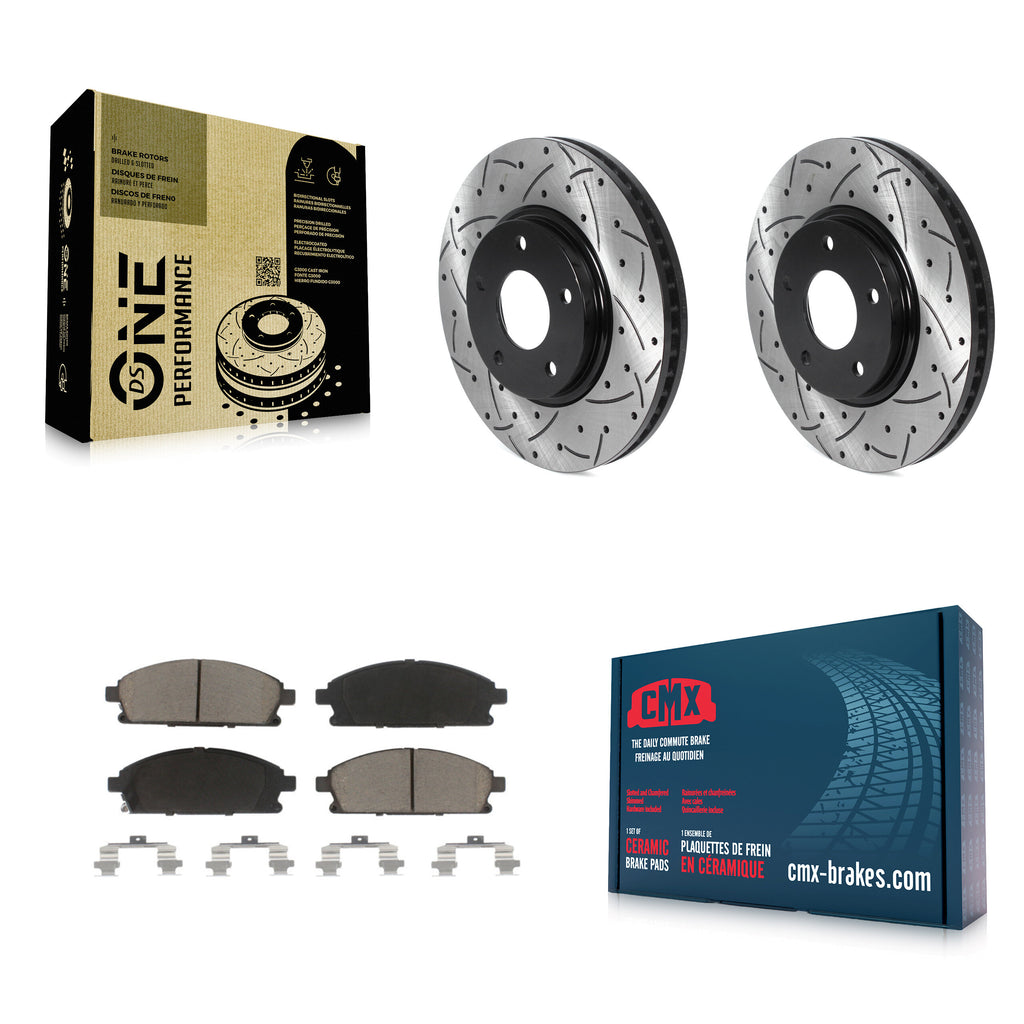 [Front] 2004-2009 Nissan Quest Performance Drilled & Slotted Brake Rotor & Ceramic Pads Kit For Max Braking