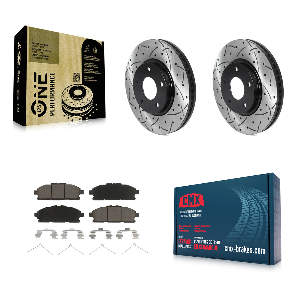 [Front] 2011-2017 Nissan Quest Performance Drilled & Slotted Brake Rotor & Ceramic Pads Kit For Max Braking
