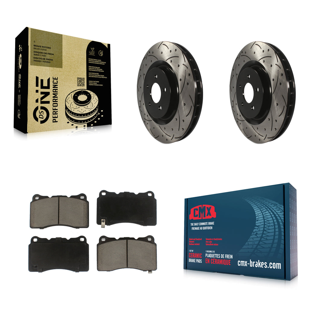 Front Coated Drilled Slotted Disc Brake Rotor & Ceramic Pad Kit For Ford Mustang