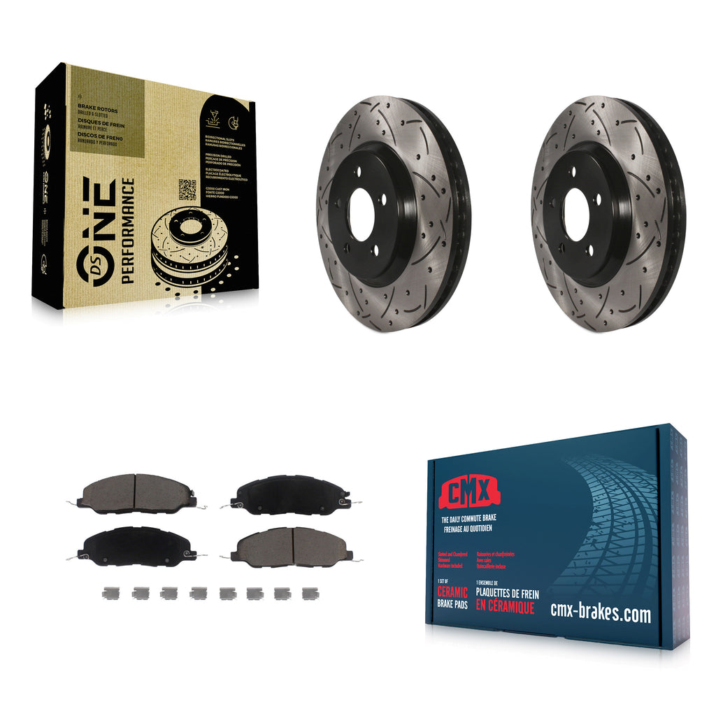 Front Coated Drilled Slotted Disc Brake Rotor & Ceramic Pad Kit For Ford Mustang