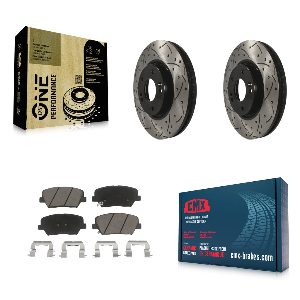 [Front] 2014-2017 Kia Rondo Performance Drilled & Slotted Brake Rotor & Ceramic Pads Kit For Max Braking
