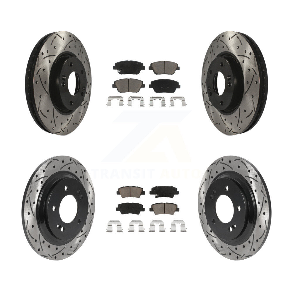 Front Rear Coated Drilled Slot Disc Brake Rotor & Ceramic Pad Kit For Kia Optima