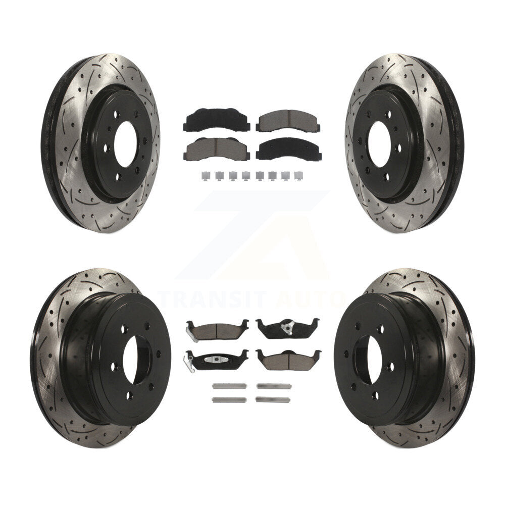 Front Rear Coated Drilled Slot Disc Brake Rotor & Ceramic Pad Kit For Ford F-150