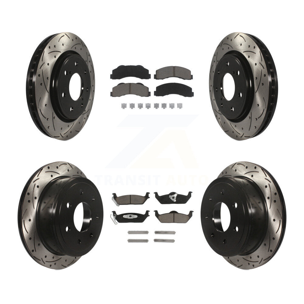 Front Rear Coated Drilled Slot Disc Brake Rotor & Ceramic Pad Kit For Ford F-150