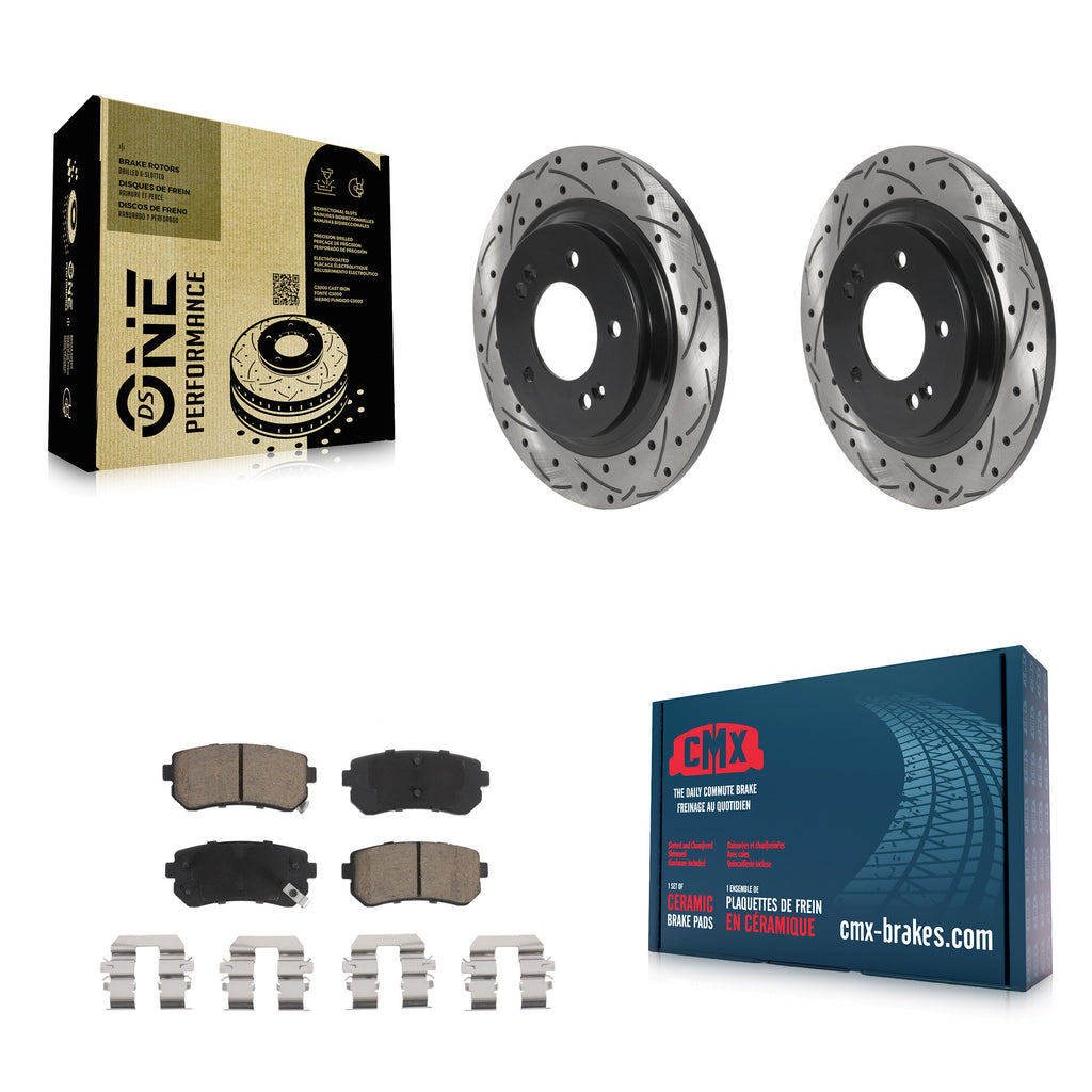 [Rear] 2016 Kia Optima LX/EX/LX 1.6T Performance Drilled & Slotted Brake Rotor & Ceramic Pads Kit For Max Braking