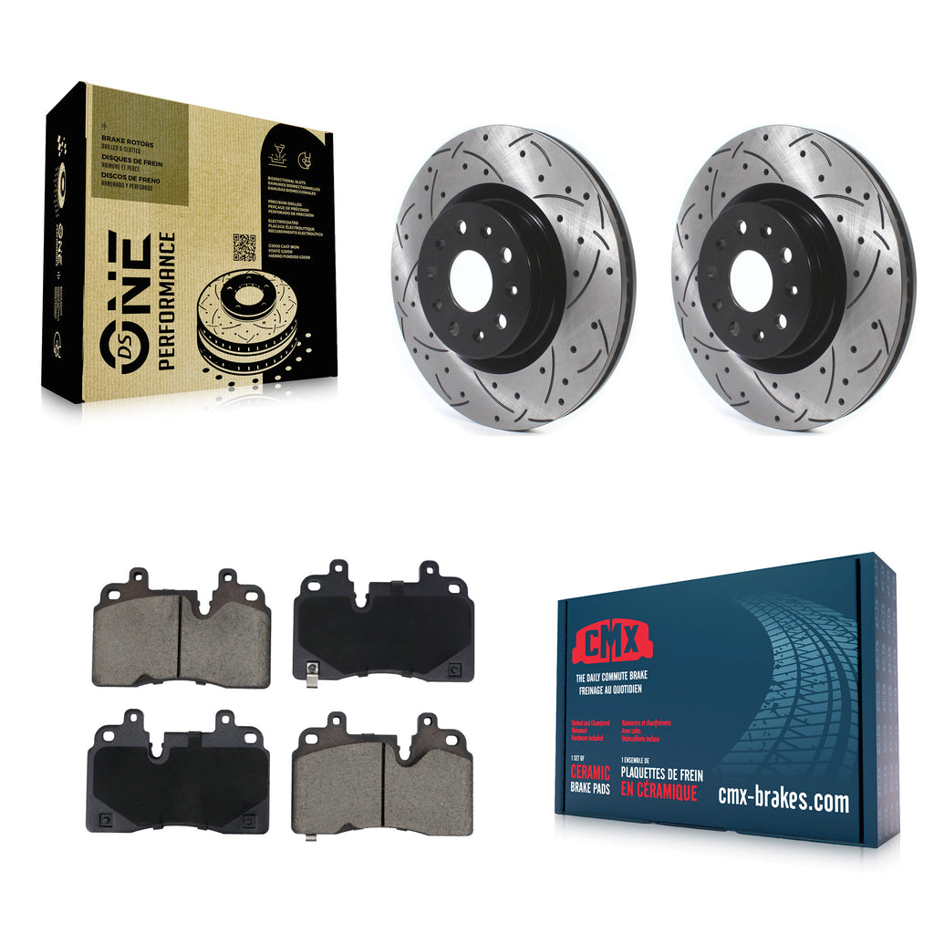 Front Coated Drilled Slotted Disc Brake Rotor & Ceramic Pad Kit For Cadillac CT6