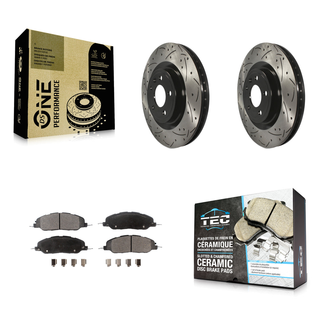 Front Coated Drilled Slotted Disc Brake Rotor & Ceramic Pad Kit For Ford Mustang