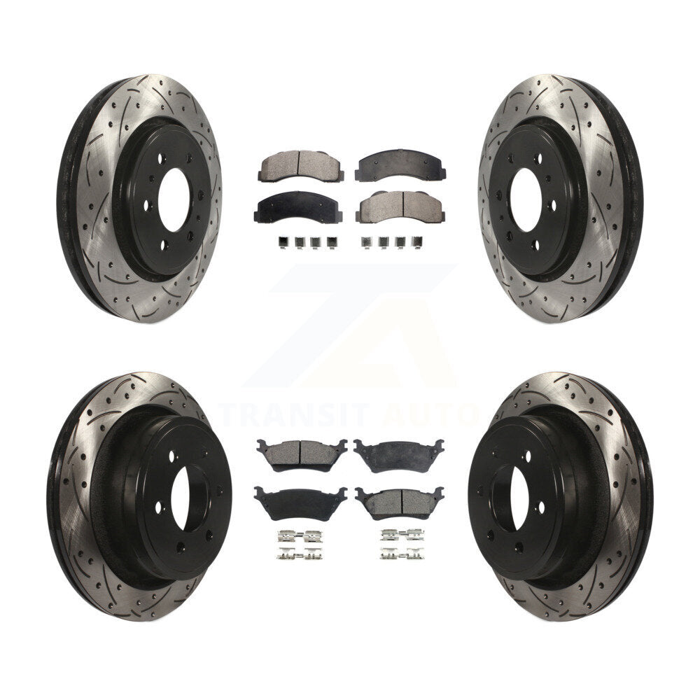 Front Rear Coated Drilled Slot Disc Brake Rotor & Ceramic Pad Kit For Ford F-150