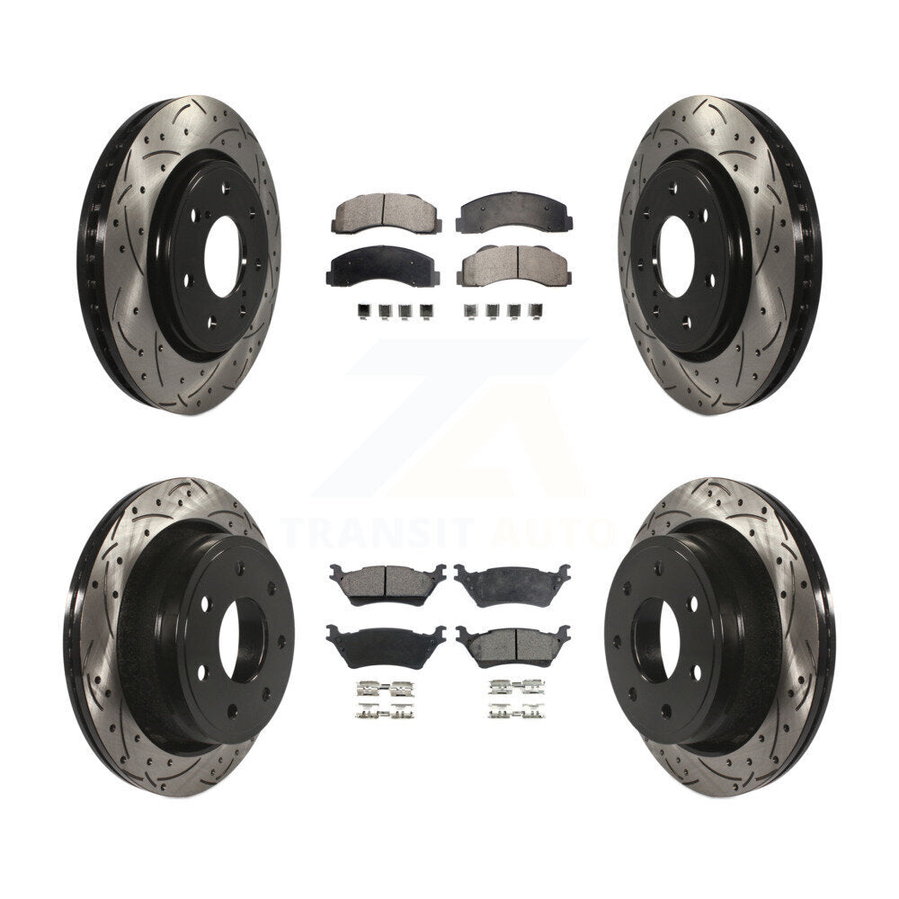 Front Rear Coated Drilled Slot Disc Brake Rotor & Ceramic Pad Kit For Ford F-150