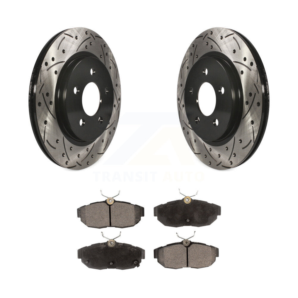 Rotors de frein à disque fendus percés à revêtement arrière et kit de plaquettes en céramique pour Ford Mustang 