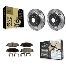 Charger l'image dans la galerie, Front Coated Drilled Slotted Disc Brake Rotor &amp; Ceramic Pad Kit For Cadillac CTS