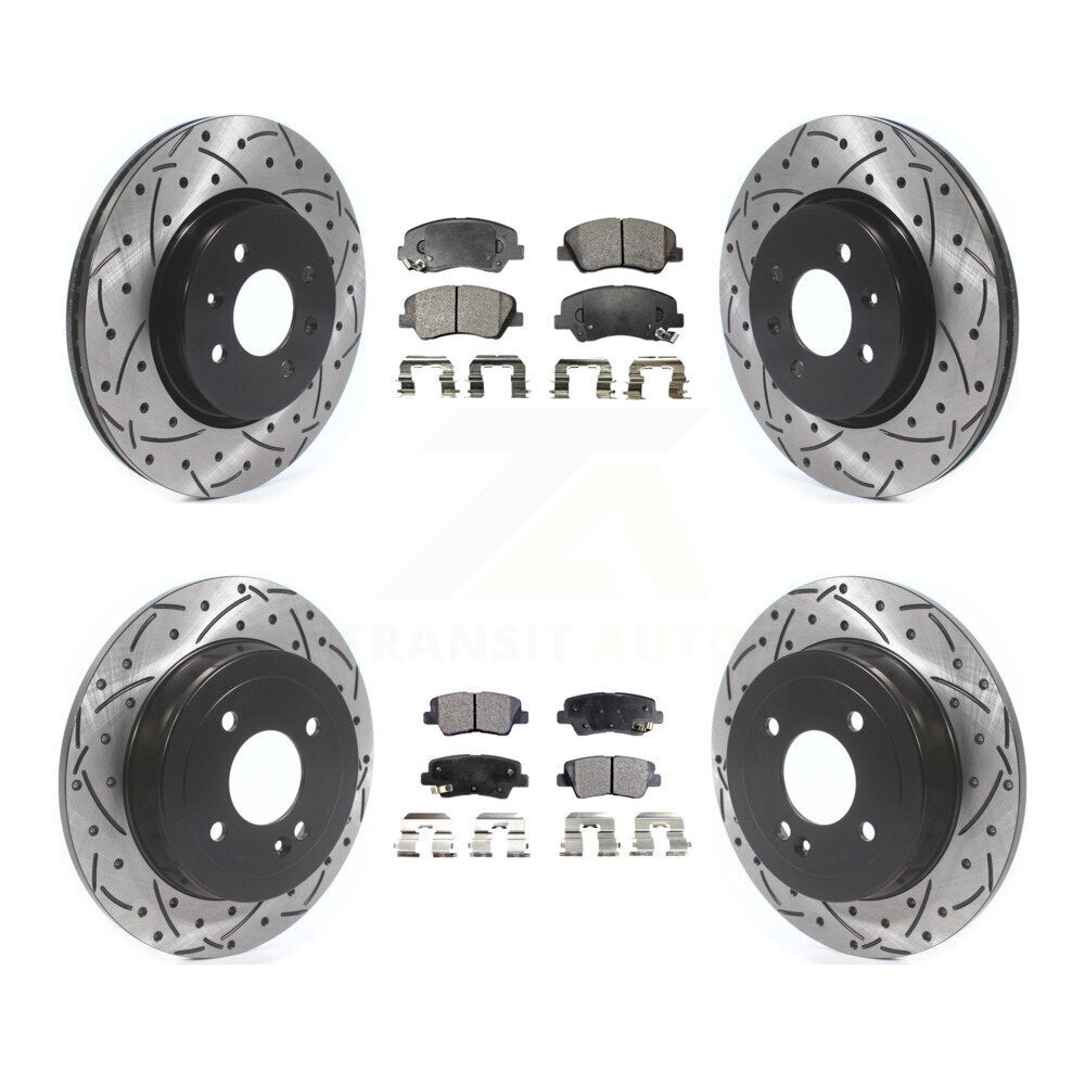 Front Rear Coated Drilled Slotted Disc Brake Rotor & Ceramic Pad Kit For Kia Rio