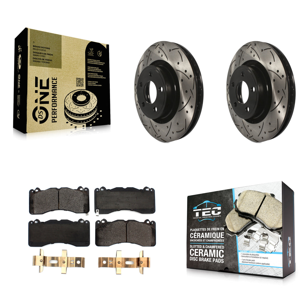 [Front] 2015 Ford Mustang V6 Performance Drilled & Slotted Brake Rotor & Ceramic Pads Kit For Max Braking
