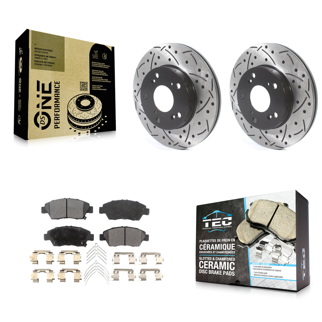 Front Drill Slot Disc Brake Rotor Ceramic Pad Kit For Honda Civic Acura RSX CR-Z
