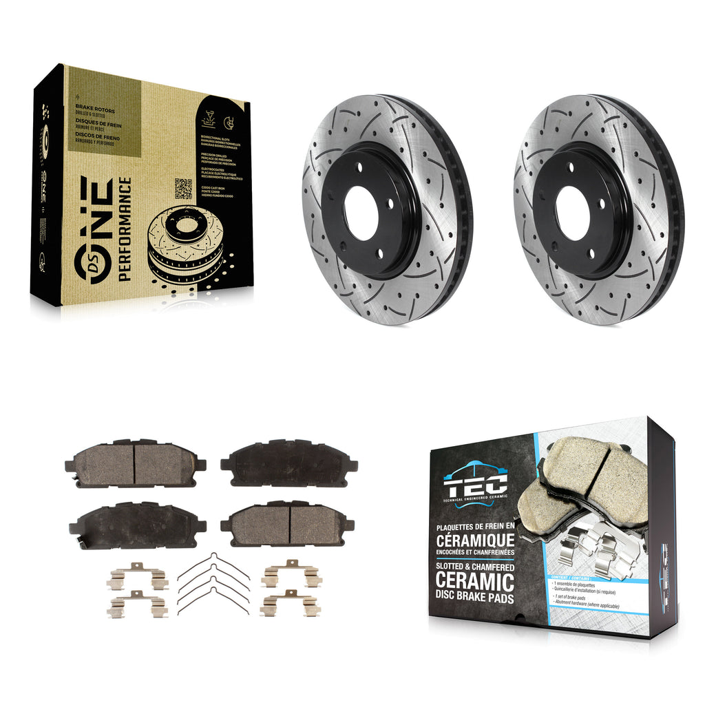 [Front] 2011-2017 Nissan Quest Performance Drilled & Slotted Brake Rotor & Ceramic Pads Kit For Max Braking