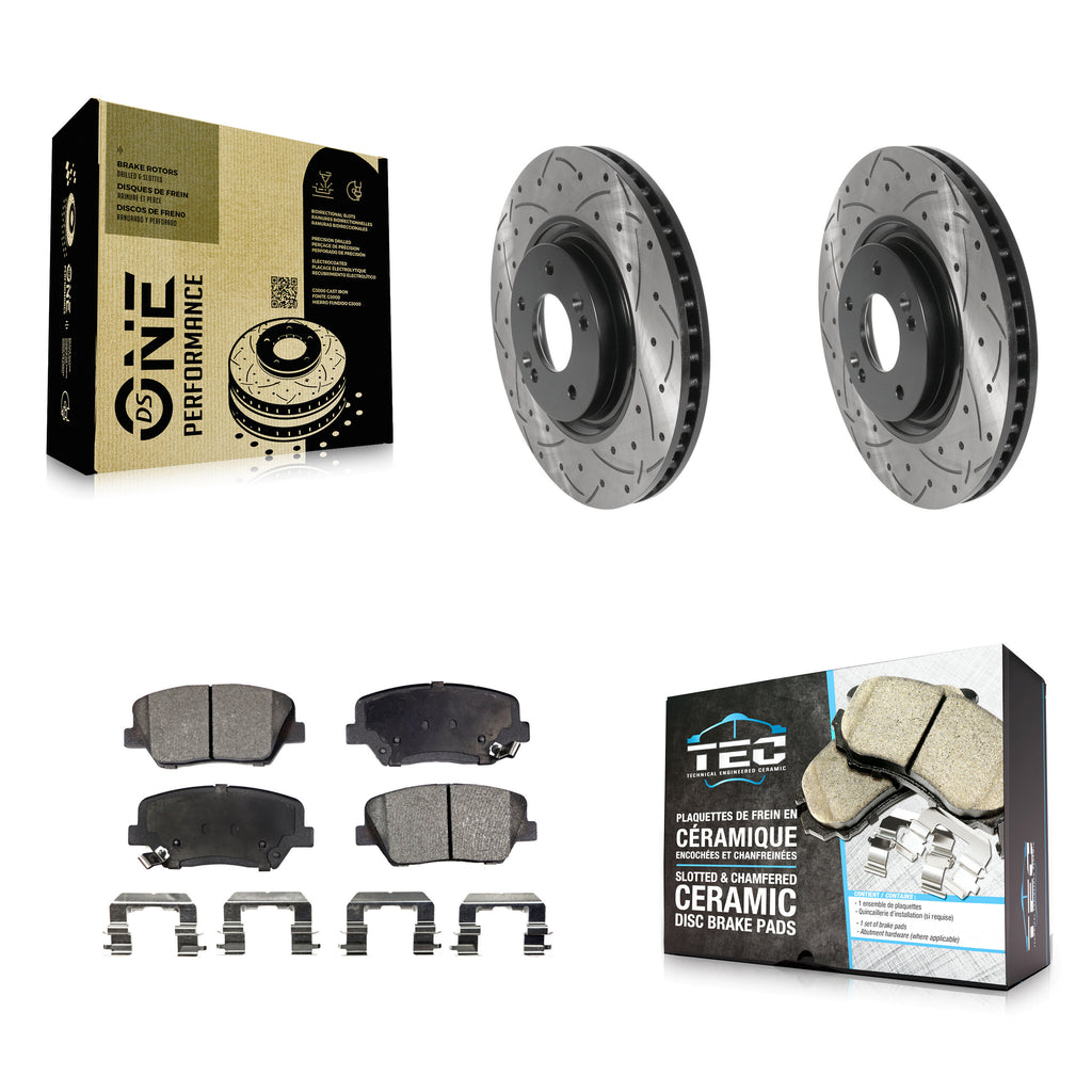 [Front] 2012-2017 Hyundai Azera Performance Drilled & Slotted Brake Rotor & Ceramic Pads Kit For Max Braking