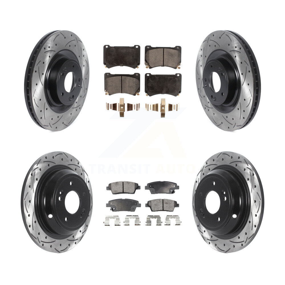 Front Rear Drill Slot Brake Rotor Ceramic Pad Kit For 12-14 Hyundai Genesis 5.0L
