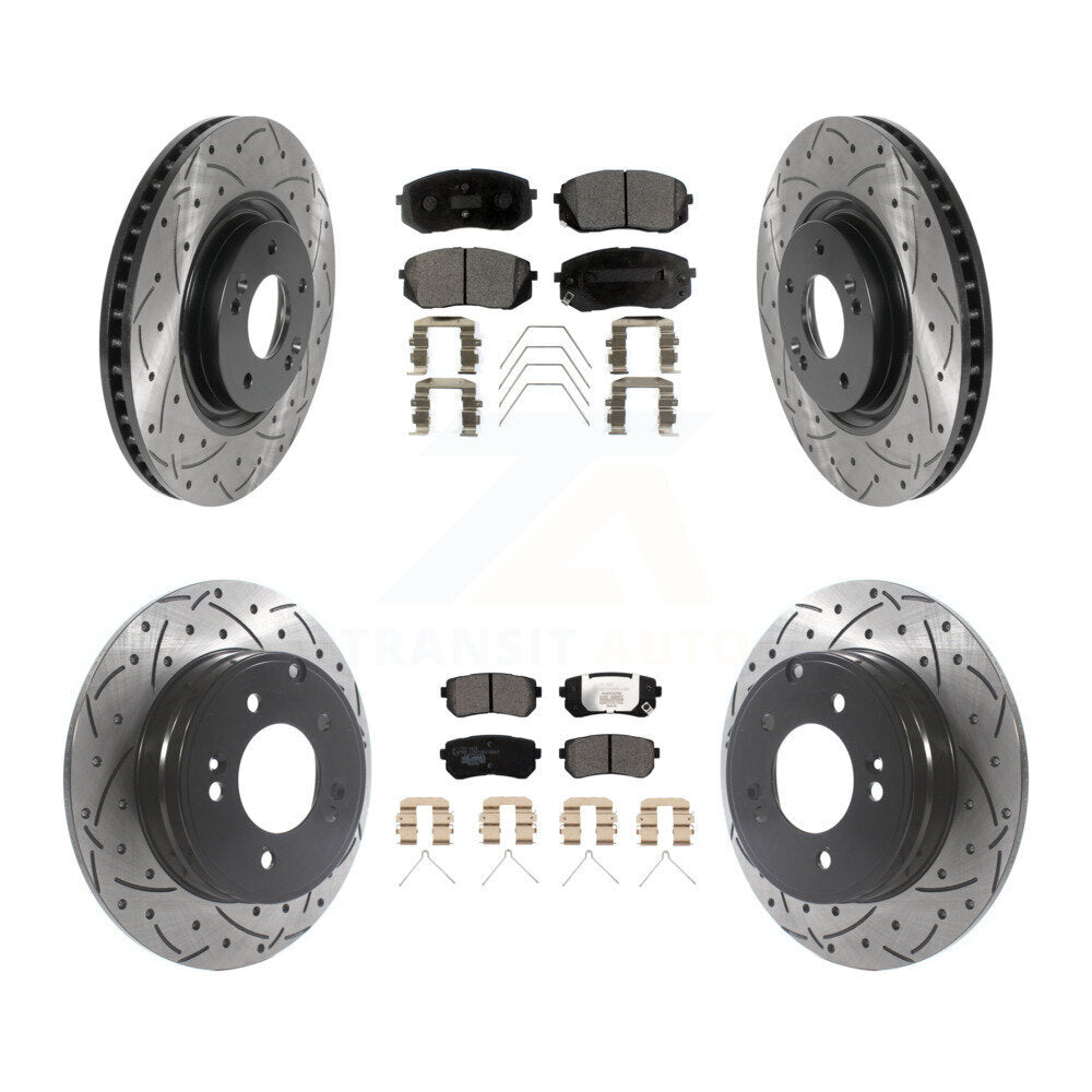 Front Rear Coated Drilled Slot Disc Brake Rotor & Ceramic Pad Kit For Kia Optima