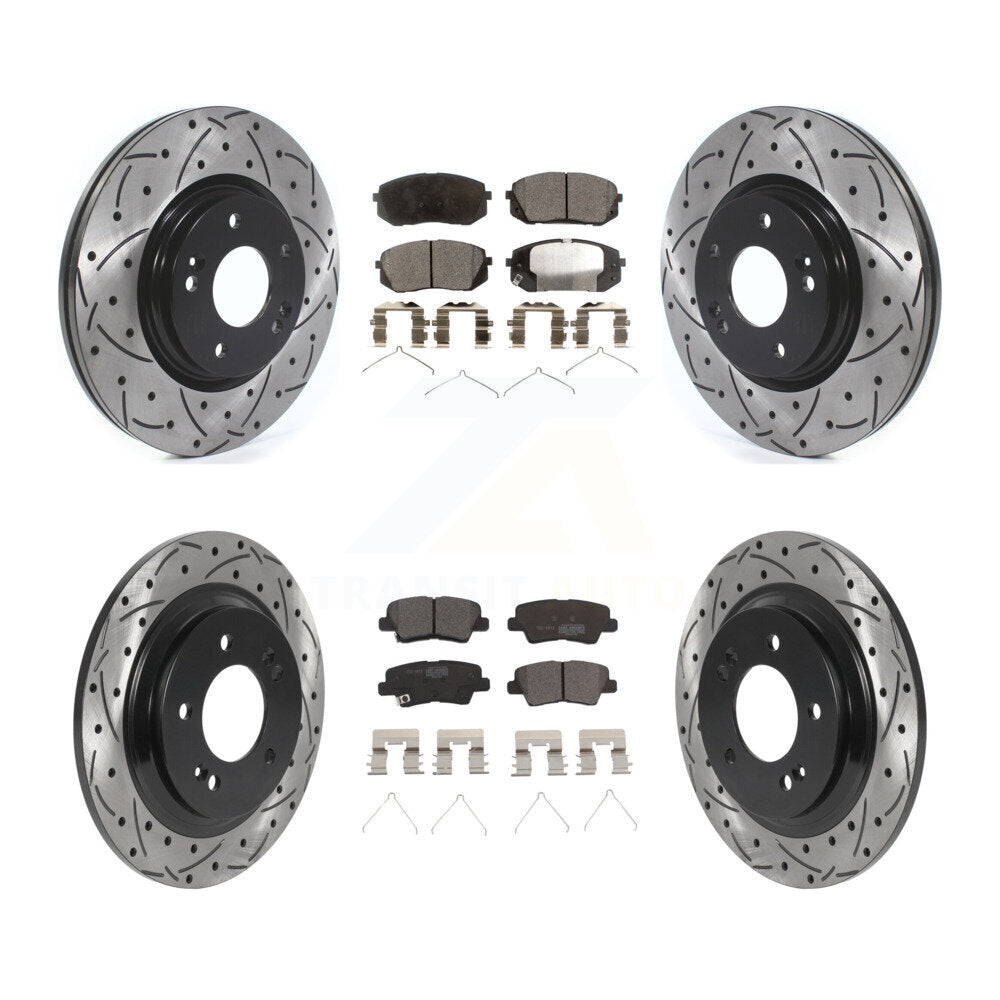 Front Rear Coated Drilled Slot Disc Brake Rotor & Ceramic Pad Kit For Kia Optima