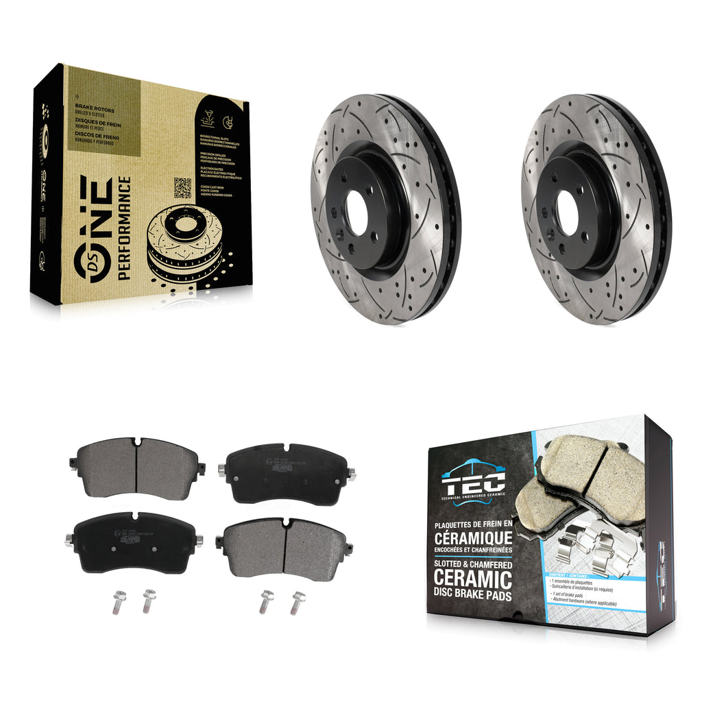 [Front] 2018 Jaguar E-Pace S/SE Performance Drilled & Slotted Brake Rotor & Ceramic Pads Kit For Max Braking