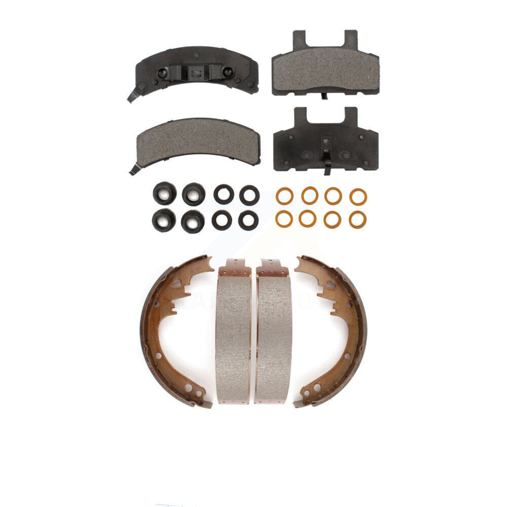 Front Rear Ceramic Brake Pads Drum Shoes Kit For Dodge Ram 1500 Cadillac DeVille