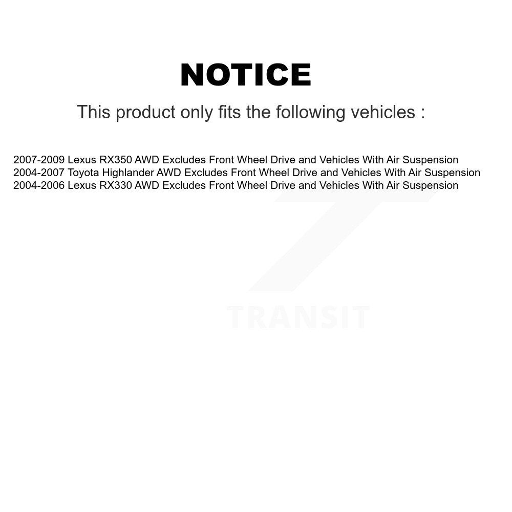 2007-2009 Lexus RX350  , 2007 Toyota Highlander , 2006 Toyota Highlander , 2004-2006 Lexus RX330  , 2004-2005 Toyota Highlander  Rear Suspension Strut Coil Spring Assembly Kit