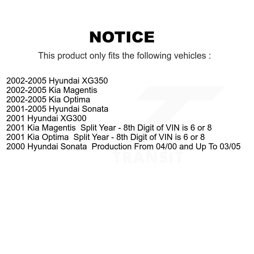 2006 Kia Optima , 2002-2005 Hyundai XG350  , 2002-2005 Kia Magentis  , 2002-2005 Kia Optima  , 2001-2005 Hyundai Sonata  , 2001 Hyundai XG300 , 2001 Kia Magentis , 2001 Kia Optima , 2000 Hyundai Sonata Rear Left Suspension Strut Coil Spring Assembly Kit