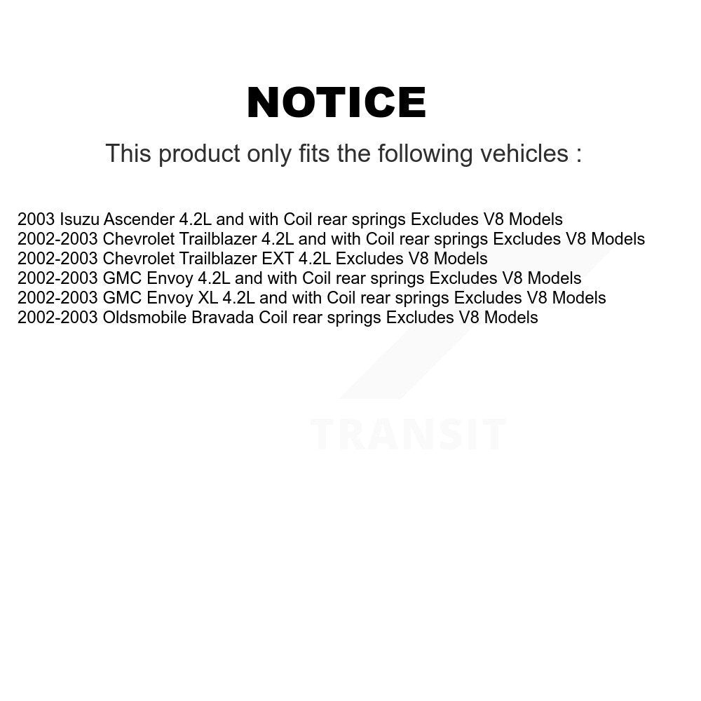 2003 Isuzu Ascender , 2002-2003 Chevrolet Trailblazer  , 2002-2003 Chevrolet Trailblazer EXT  , 2002-2003 GMC Envoy  , 2002-2003 GMC Envoy XL  , 2002-2003 Oldsmobile Bravada  Front and Rear Suspension Strut Coil Spring Assembly Kit
